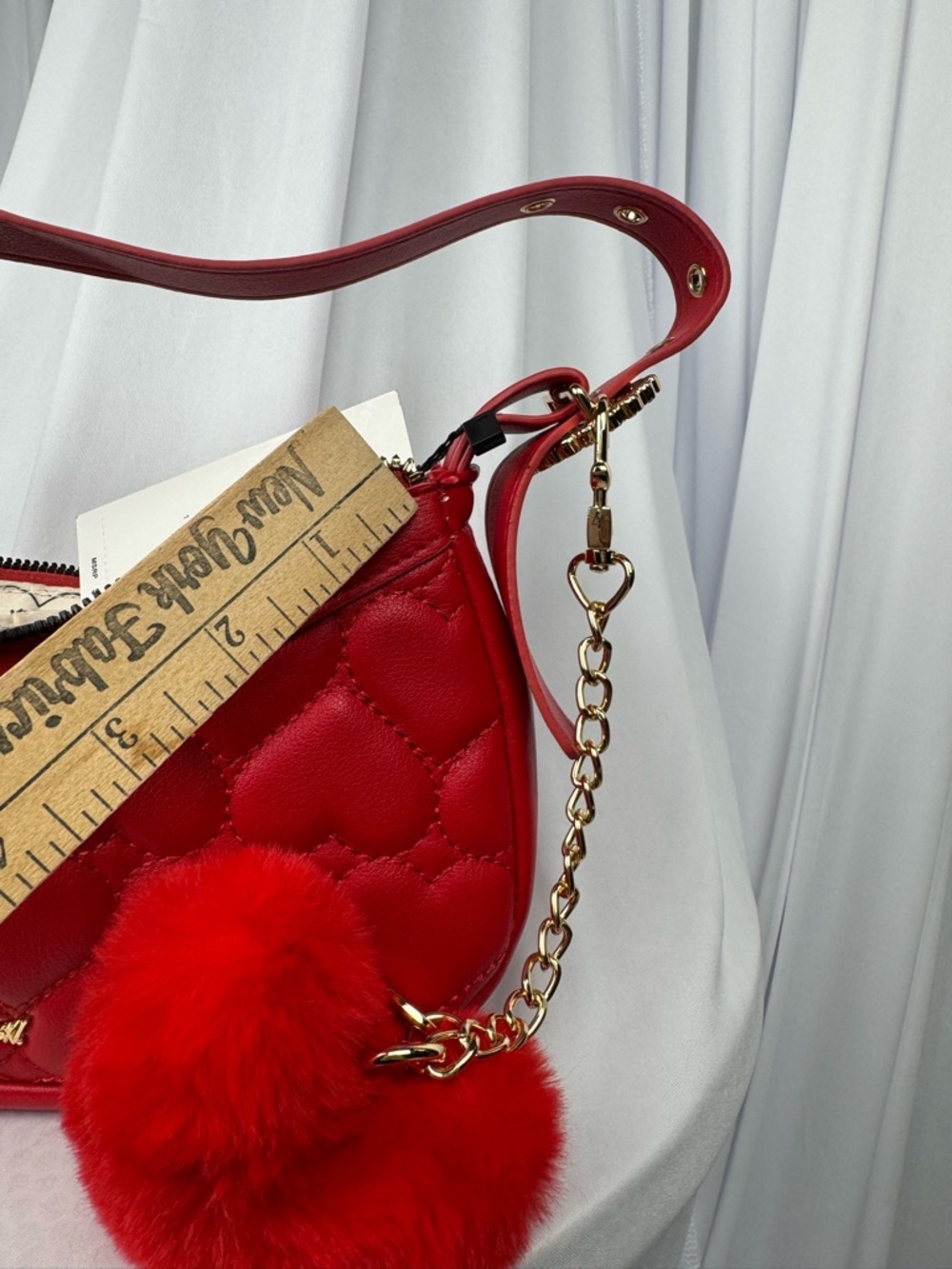 Betsey Johnson “Oh She Bows” Quilted Heart Mini Hobo Bag With Removable Pom-Pom - Picture 17 of 17
